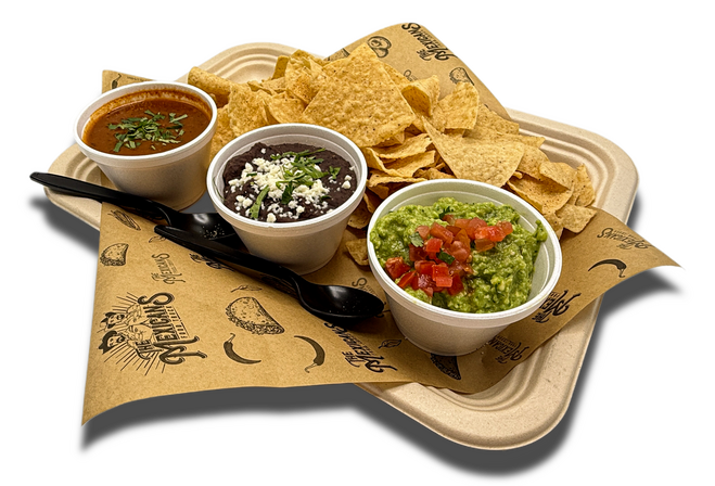 Tres Amigos from The Mexicans Food Truck, tortilla chips served with fresh guacamole, red salsa, and refried black beans, perfect for sharing.