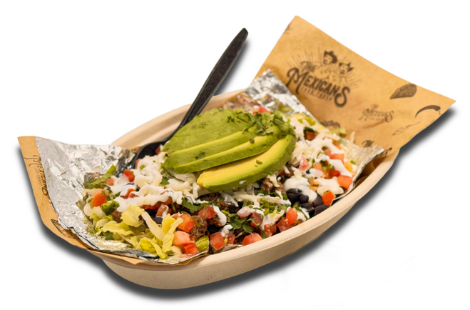 Mexican bowl with rice, black beans, meat, lettuce, pico de gallo, cheese, sour cream, and avocado slices.