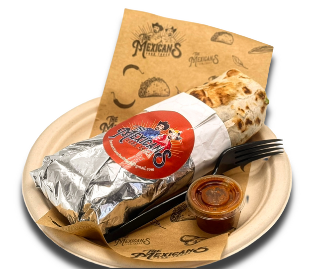 large Mexican burrito with meat, rice, beans, cheese, and salsa on the side