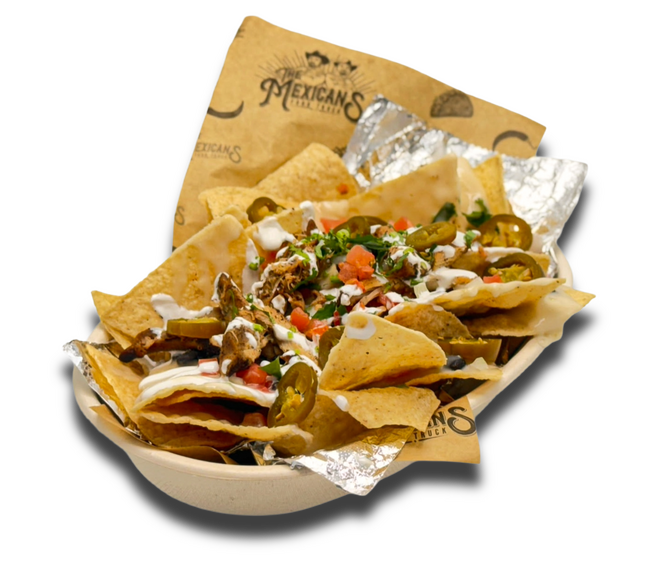 loaded nachos with cheese blend, meat, pico de gallo, sour cream, black beans, and jalapeños
