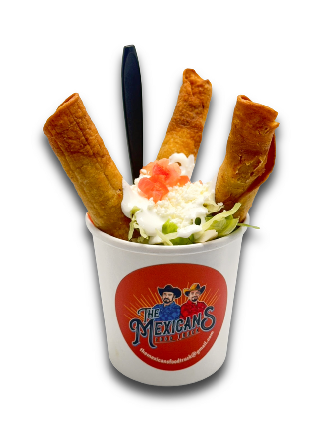 Crispy Mexican flautas filled with shredded chicken, served with crema, lettuce, and queso fresco in a cup from The Mexicans Food Truck.